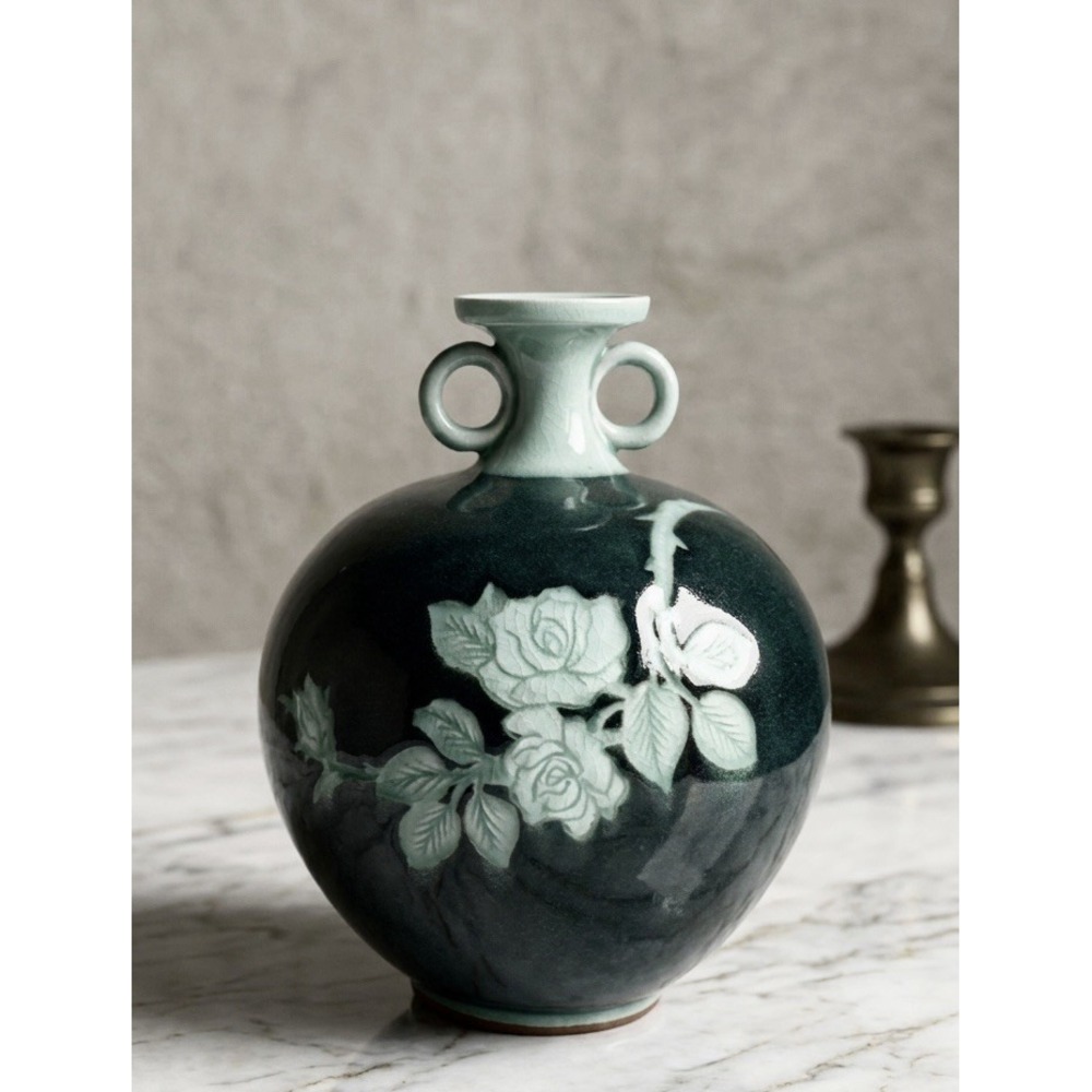 Vtg NIKKO Japan Celadon Crackle Vase Rose Double Handle Pottery 7" Contemporary